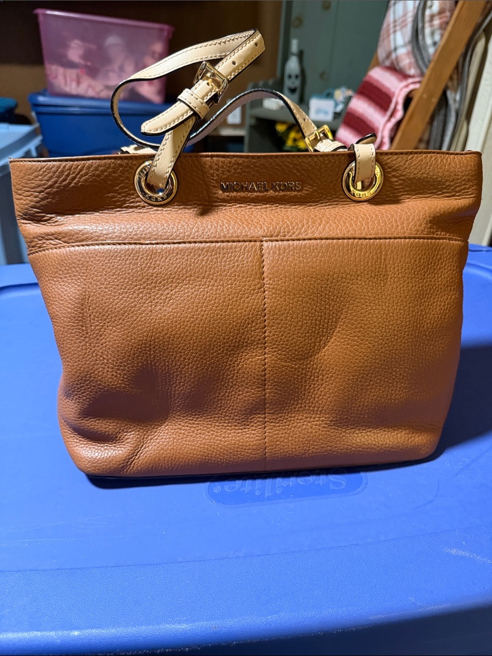 Michael Kors Cognac Pebbled Leather Tote with Cream Straps